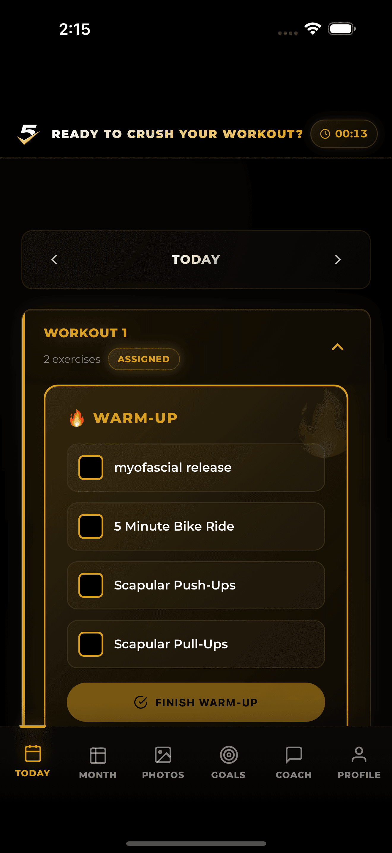 The Take5 app showing a scheduled workout