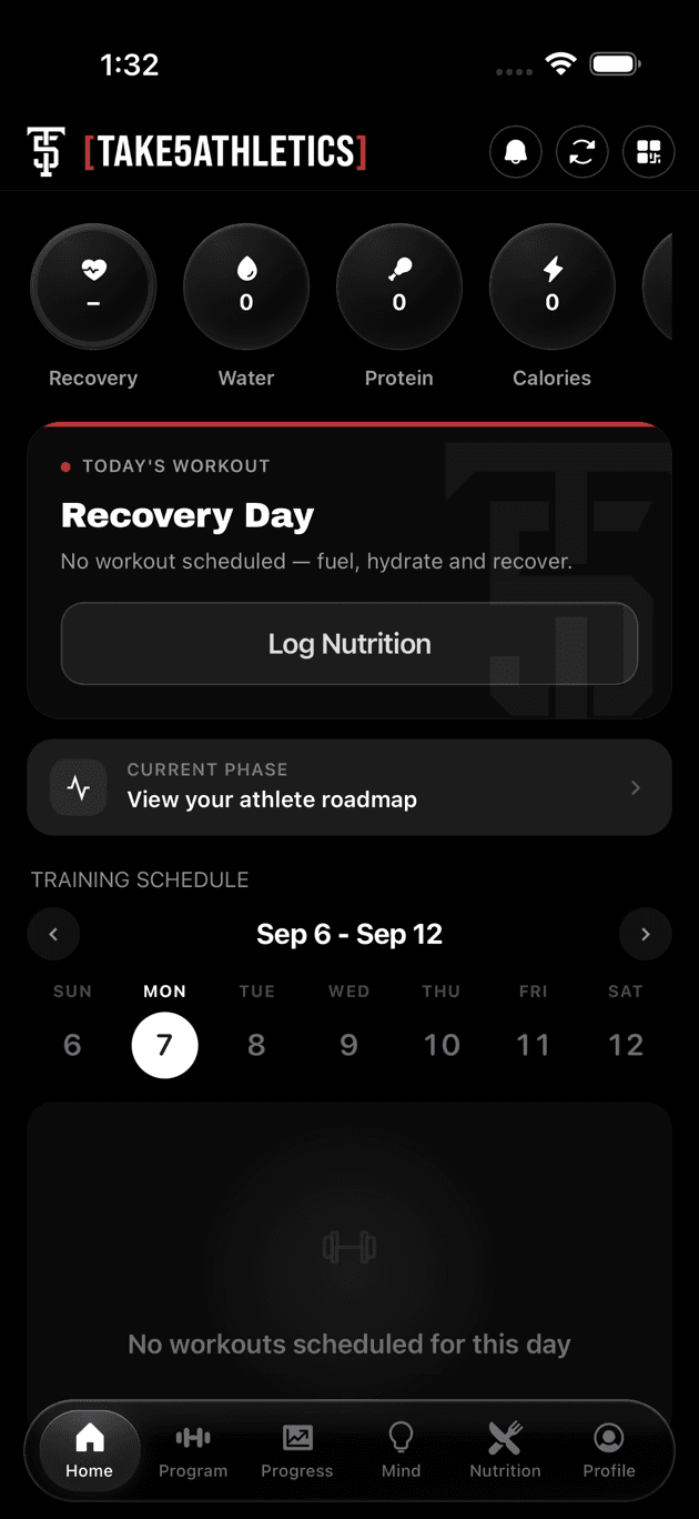 Take5 Athletics app home screen showing today's session, recovery, water, protein and calorie rings, and the week's training schedule