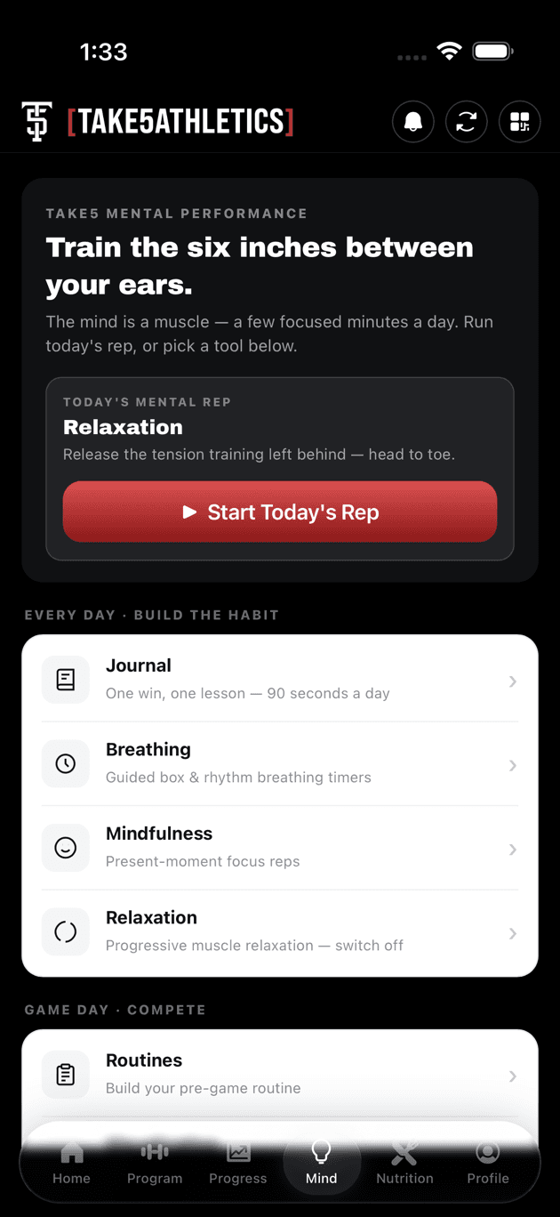 Mental performance screen showing the daily mental rep plus journaling, breathing, mindfulness and pre-game routine tools