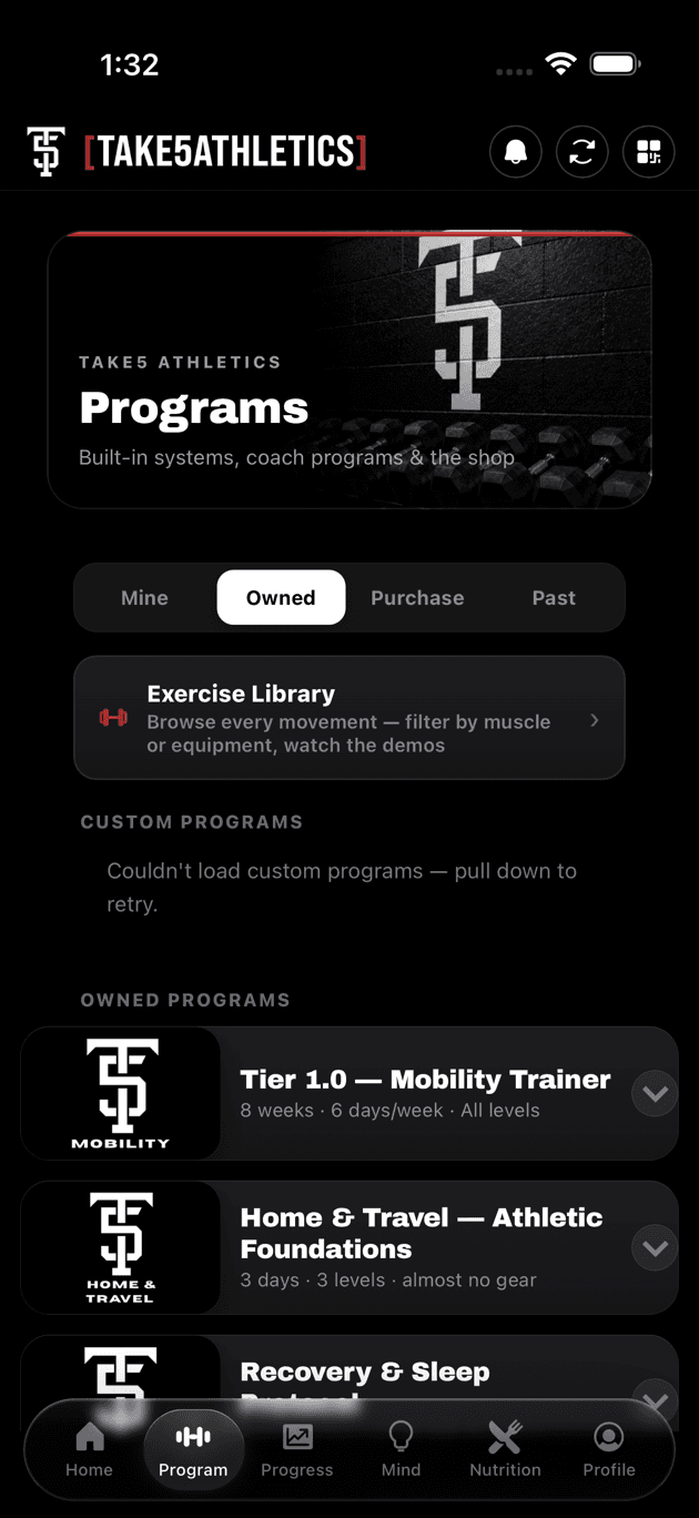 Programs screen showing the exercise library and owned training programs including mobility, home and travel, and recovery
